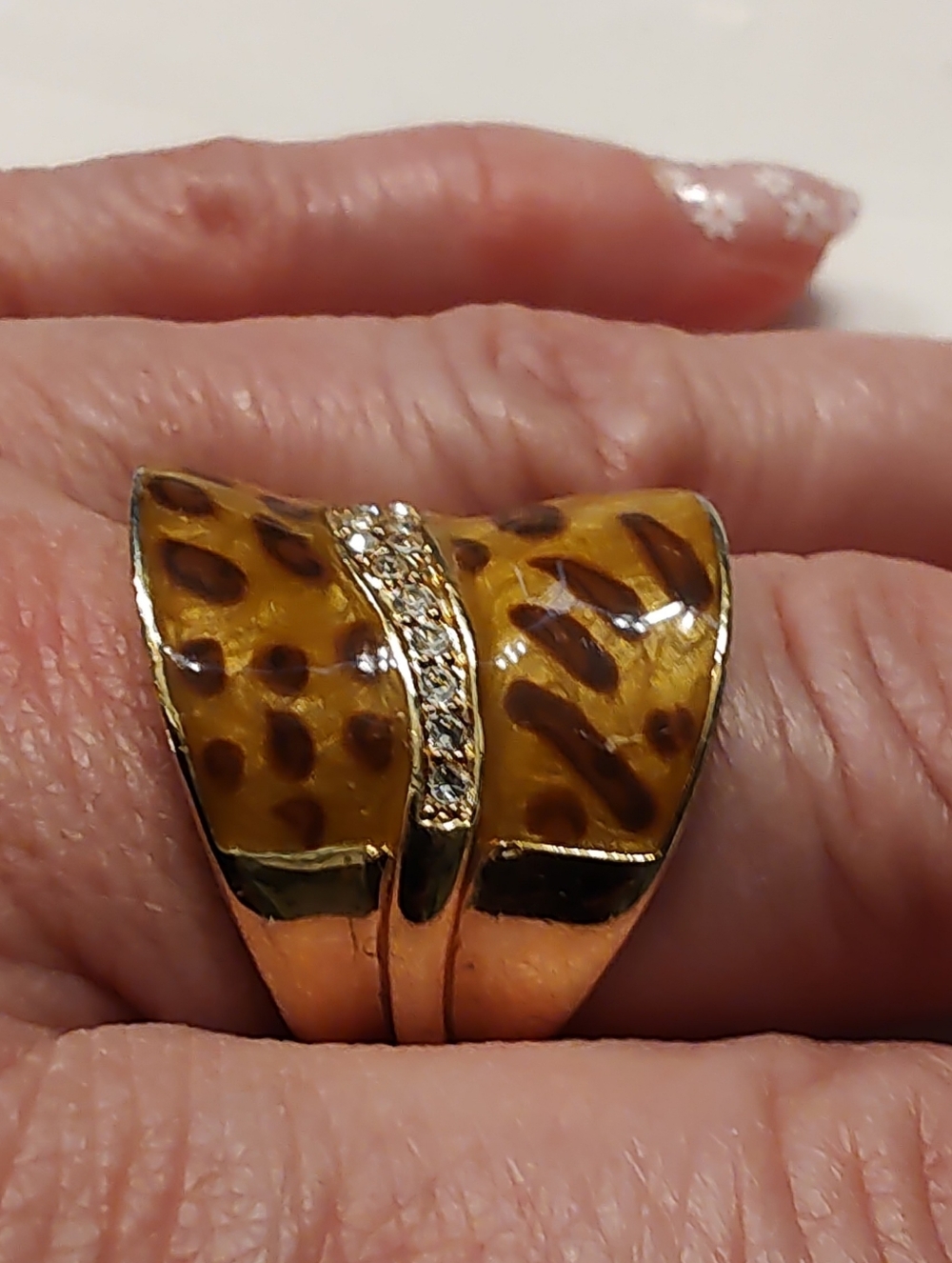 Unique Leopard Print Saddle-Style Statement Ring with Crystals SZ 8